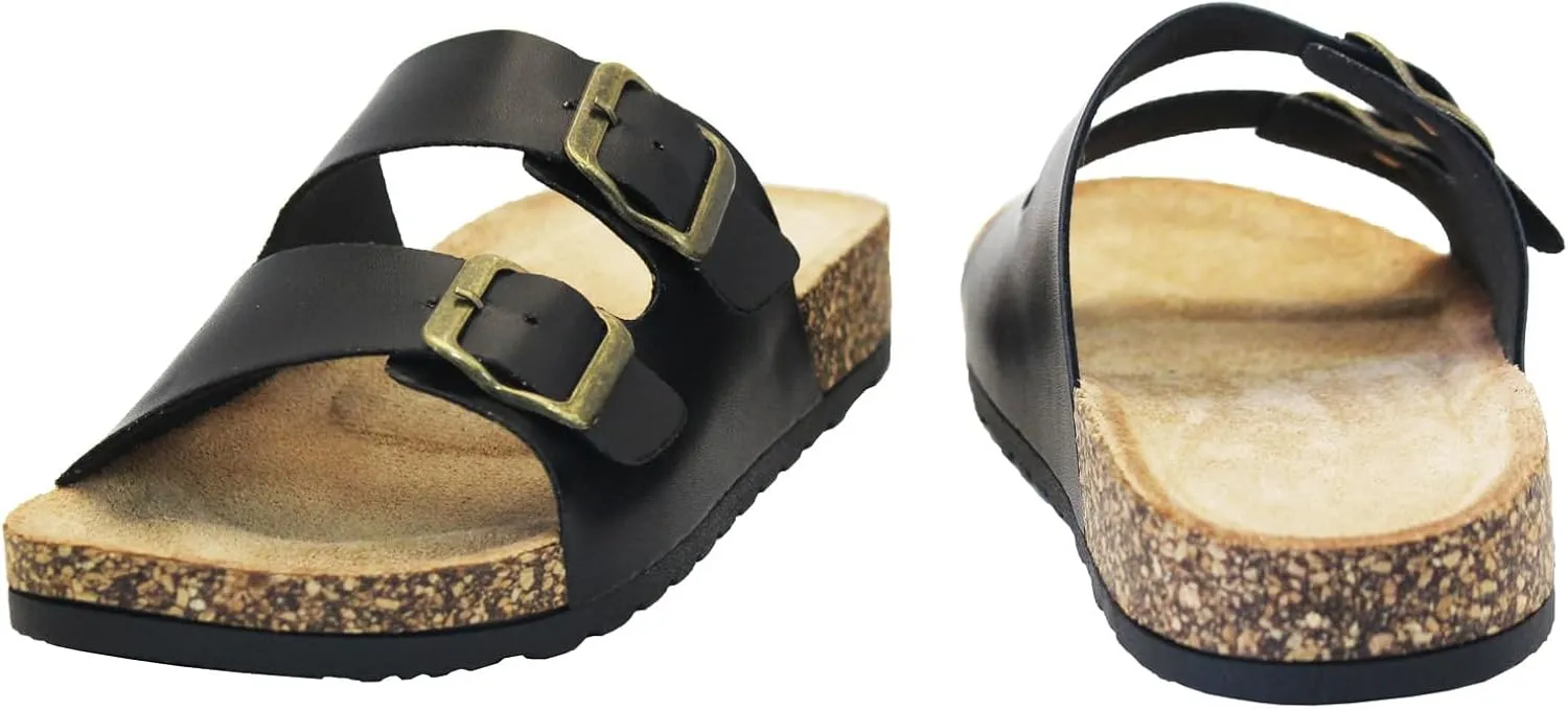Cork Footbed Flat Slide Sandals for Women, Ladies Leather Slippers, Adjustable Buckle Memory Foam Beach Essentials Fashion Sandals Vacation Shoes Stylish Casual Footwear