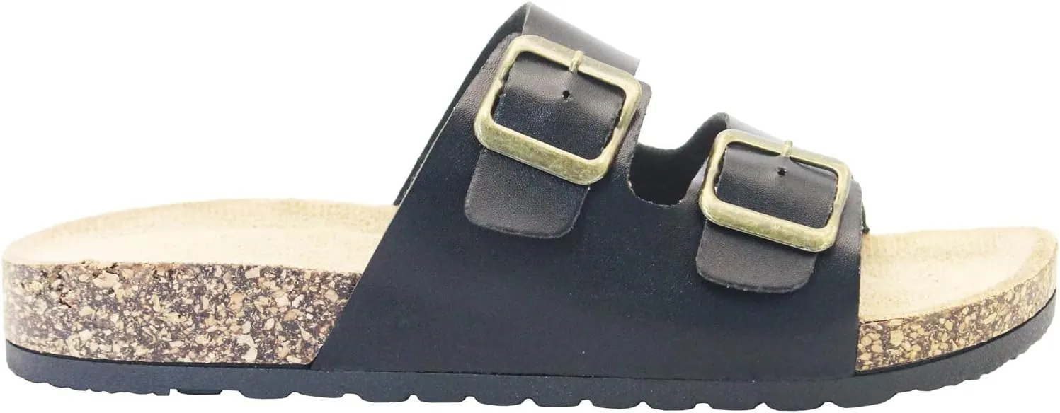 Cork Footbed Flat Slide Sandals for Women, Ladies Leather Slippers, Adjustable Buckle Memory Foam Beach Essentials Fashion Sandals Vacation Shoes Stylish Casual Footwear