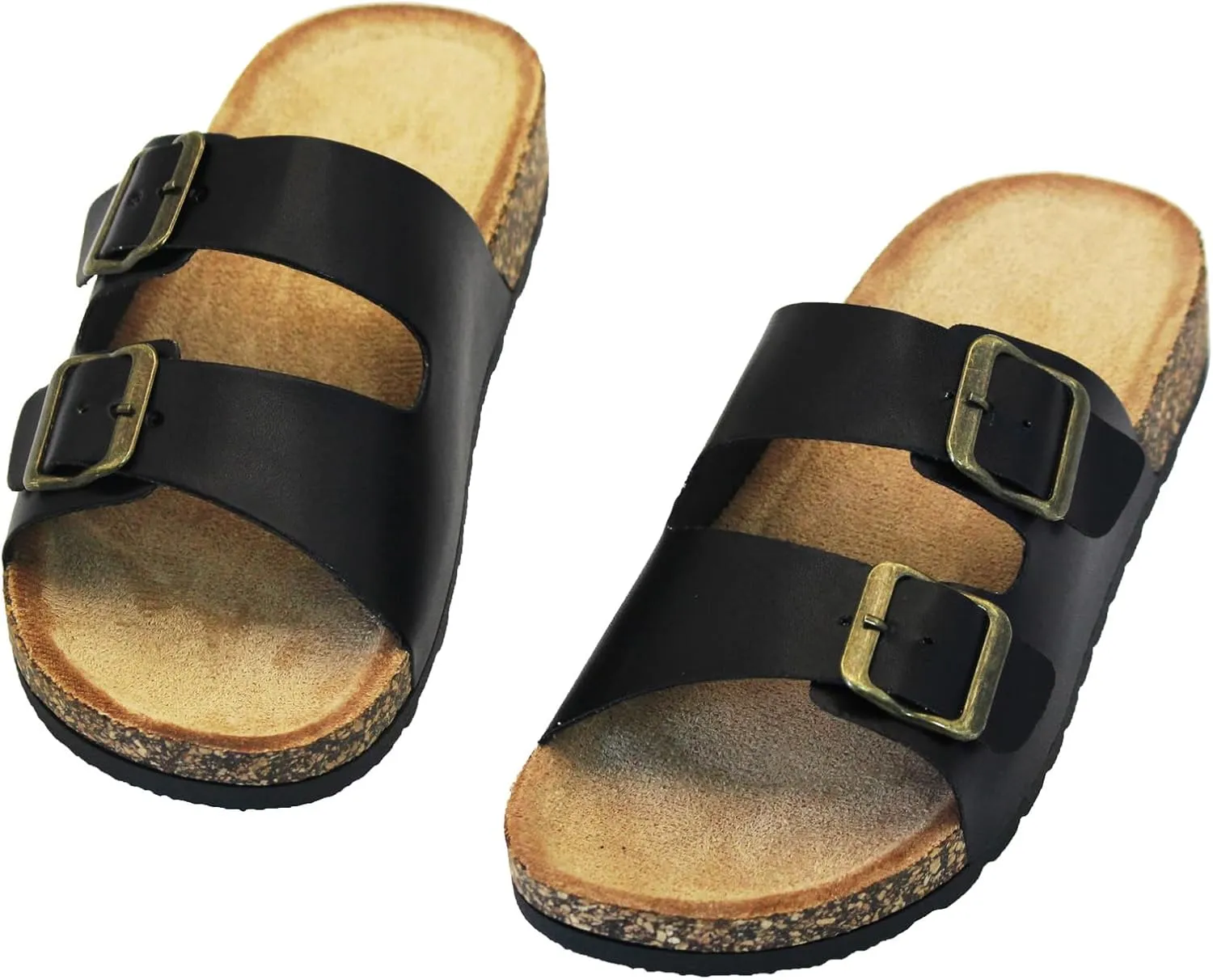 Cork Footbed Flat Slide Sandals for Women, Ladies Leather Slippers, Adjustable Buckle Memory Foam Beach Essentials Fashion Sandals Vacation Shoes Stylish Casual Footwear