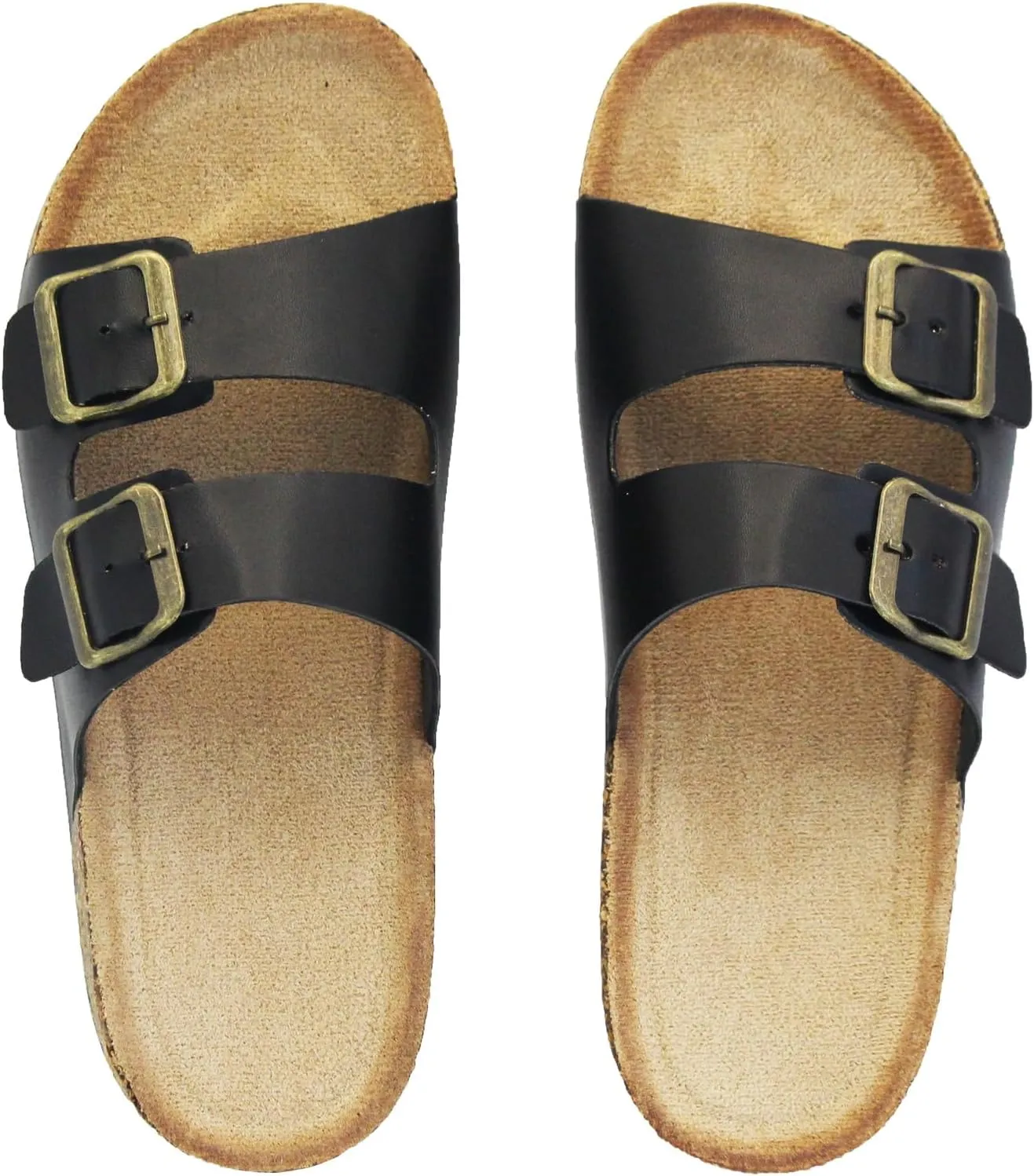 Cork Footbed Flat Slide Sandals for Women, Ladies Leather Slippers, Adjustable Buckle Memory Foam Beach Essentials Fashion Sandals Vacation Shoes Stylish Casual Footwear