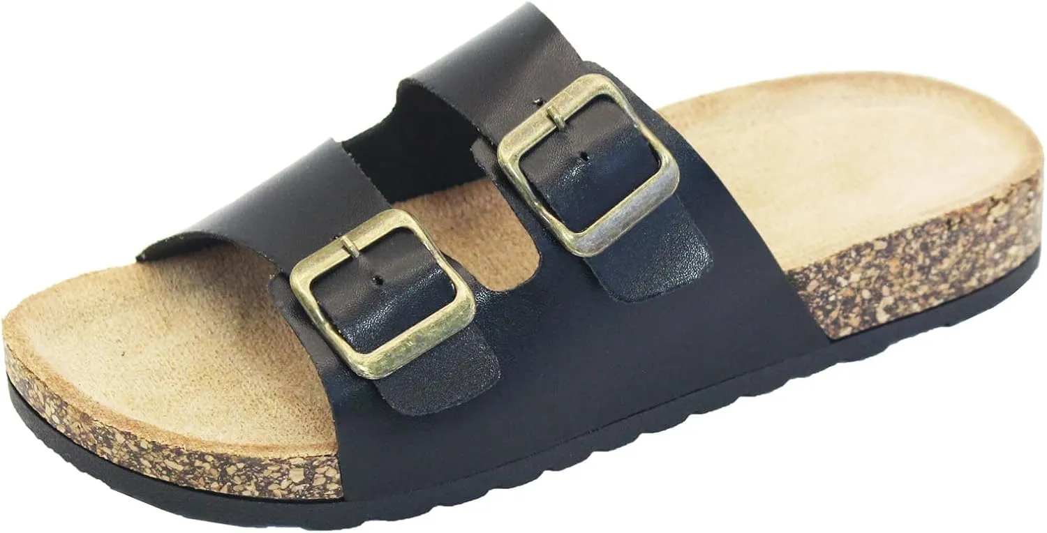 Cork Footbed Flat Slide Sandals for Women, Ladies Leather Slippers, Adjustable Buckle Memory Foam Beach Essentials Fashion Sandals Vacation Shoes Stylish Casual Footwear