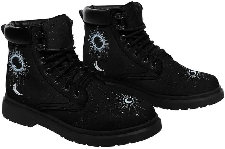 Cosmic Combat Ankle Boots, Sun Moon Celestial Bodies Mystical Symbols Inspired Lace-up Motorcycle Booties