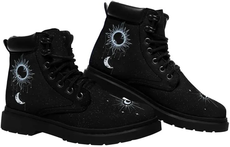 Cosmic Combat Ankle Boots, Sun Moon Celestial Bodies Mystical Symbols Inspired Lace-up Motorcycle Booties