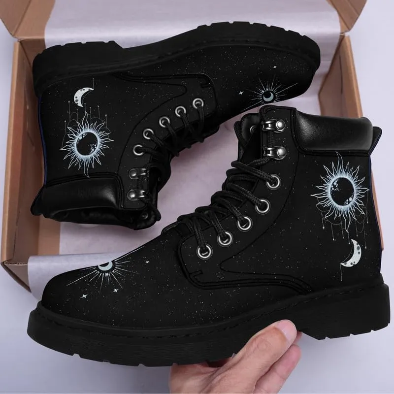 Cosmic Combat Ankle Boots, Sun Moon Celestial Bodies Mystical Symbols Inspired Lace-up Motorcycle Booties