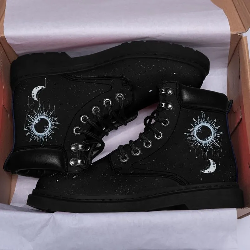 Cosmic Combat Ankle Boots, Sun Moon Celestial Bodies Mystical Symbols Inspired Lace-up Motorcycle Booties