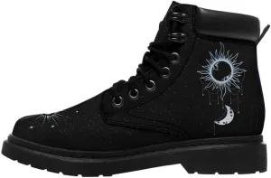 Cosmic Combat Ankle Boots, Sun Moon Celestial Bodies Mystical Symbols Inspired Lace-up Motorcycle Booties