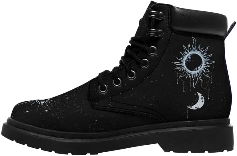 Cosmic Combat Ankle Boots, Sun Moon Celestial Bodies Mystical Symbols Inspired Lace-up Motorcycle Booties