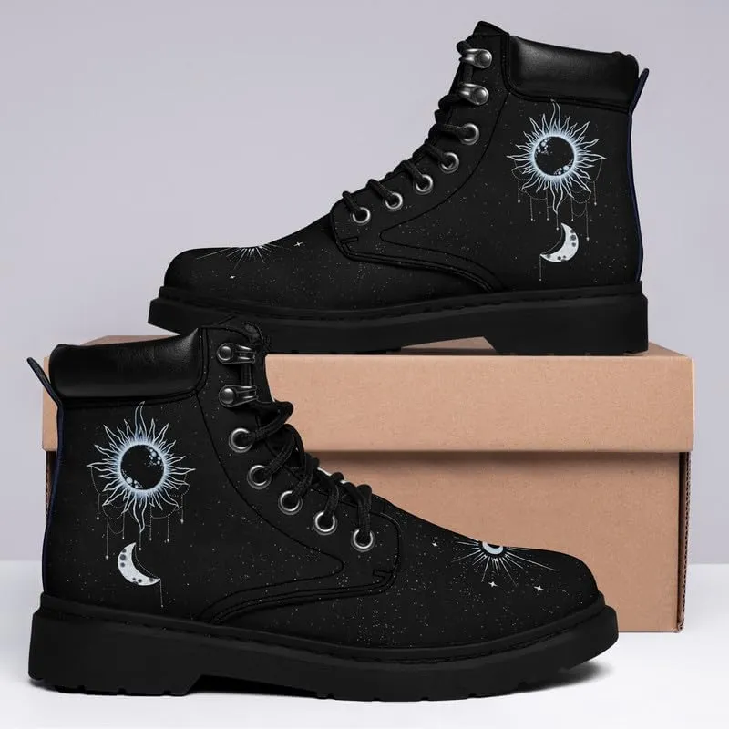 Cosmic Combat Ankle Boots, Sun Moon Celestial Bodies Mystical Symbols Inspired Lace-up Motorcycle Booties