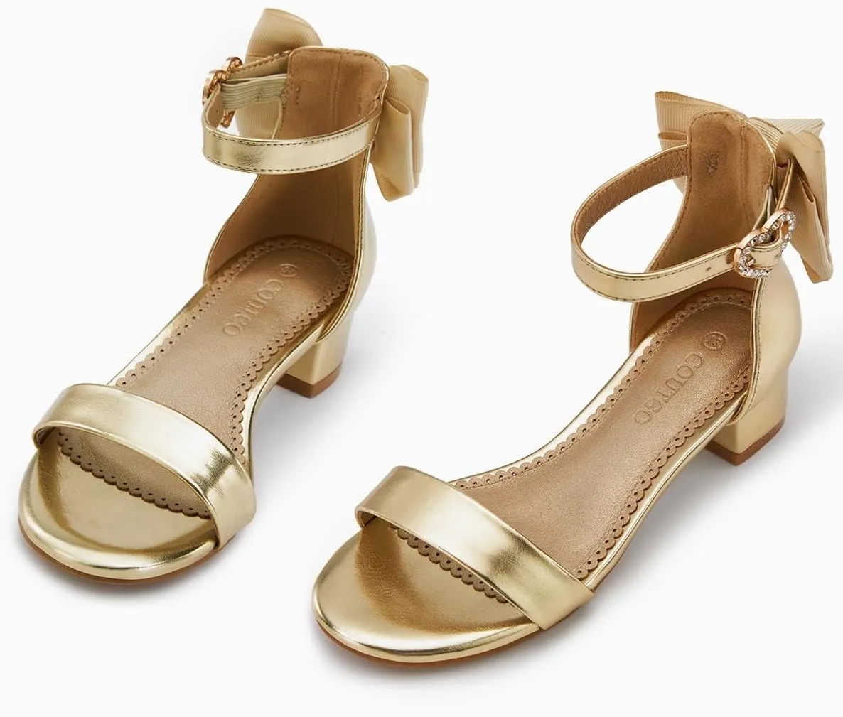 Coutgo Girl's Bow Tie Heeled Sandals Open Toe Chunky Low Heel Rhinestone Princess Dress Shoes