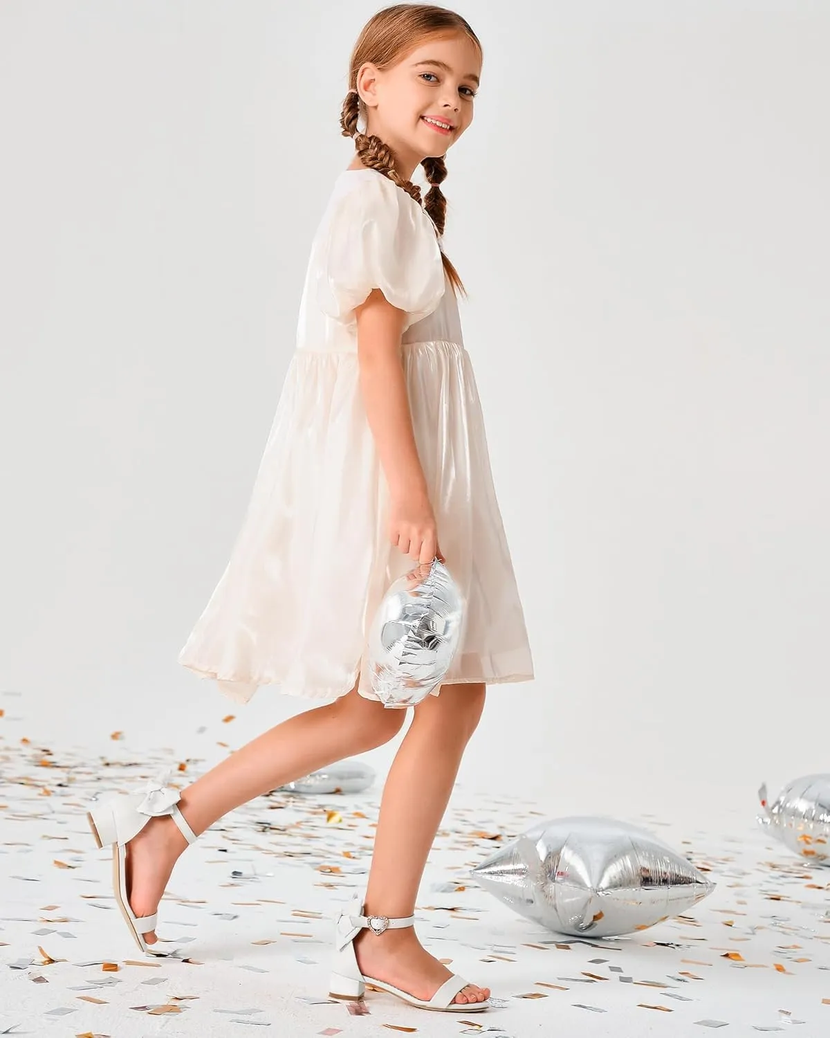 Coutgo Girl's Bow Tie Heeled Sandals Open Toe Chunky Low Heel Rhinestone Princess Dress Shoes