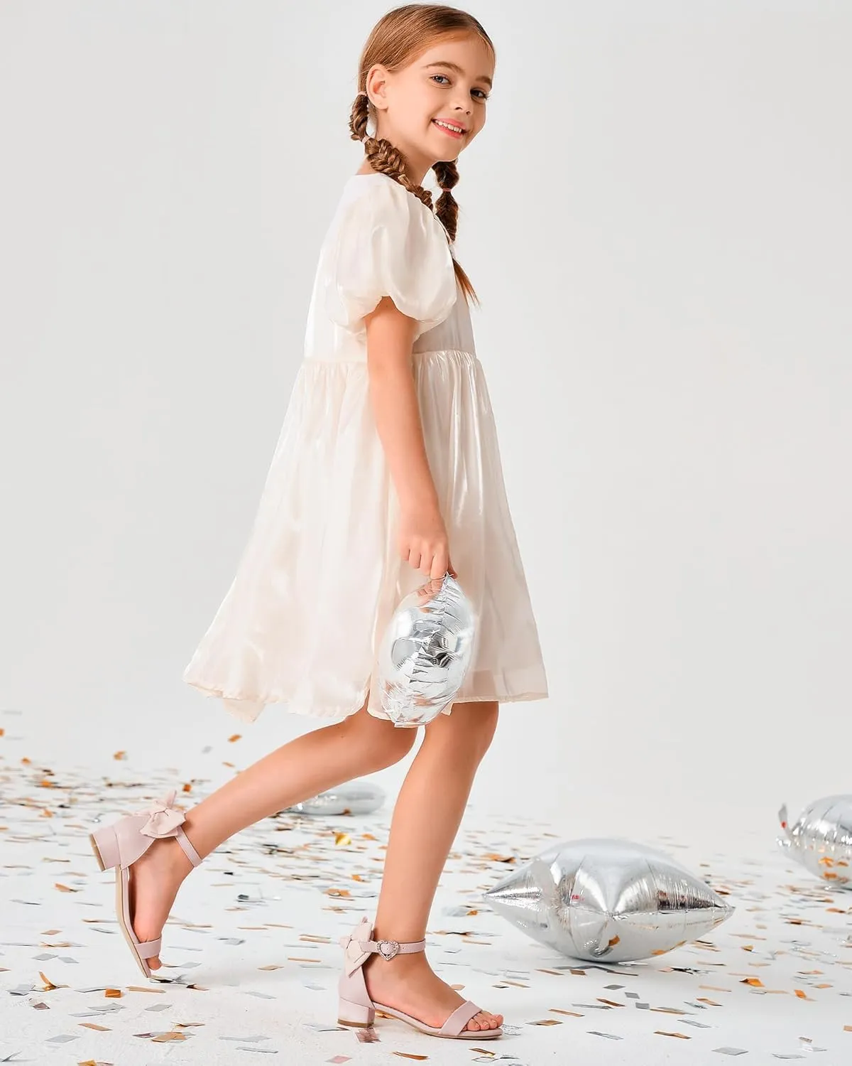 Coutgo Girl's Bow Tie Heeled Sandals Open Toe Chunky Low Heel Rhinestone Princess Dress Shoes