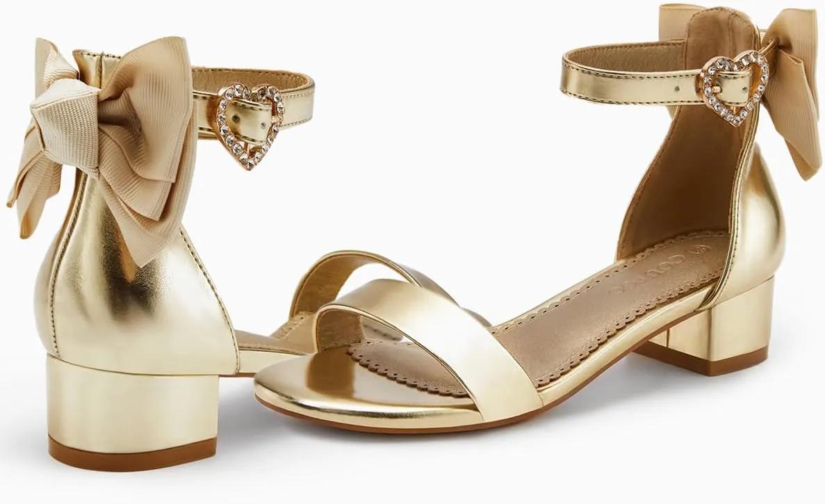Coutgo Girl's Bow Tie Heeled Sandals Open Toe Chunky Low Heel Rhinestone Princess Dress Shoes