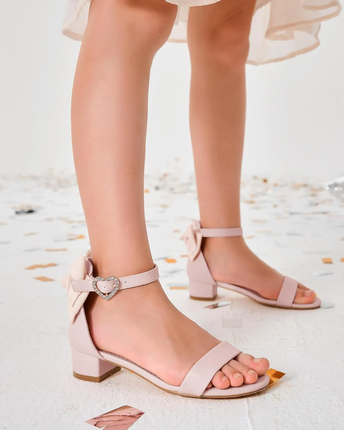 Coutgo Girl's Bow Tie Heeled Sandals Open Toe Chunky Low Heel Rhinestone Princess Dress Shoes