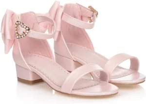 Coutgo Girl's Bow Tie Heeled Sandals Open Toe Chunky Low Heel Rhinestone Princess Dress Shoes
