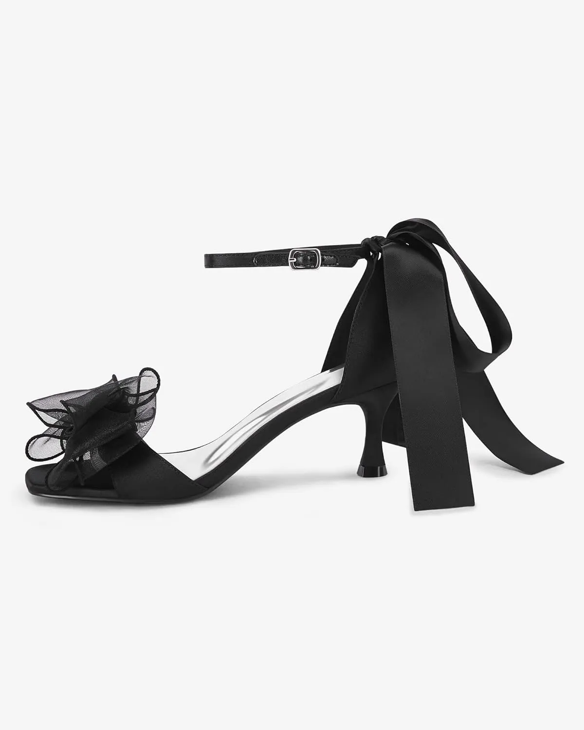 Coutgo Womens Bow Kitten Heels Sandals Square Open Toe Ankle Strap Satin Ribbon Wedding Dress Shoes