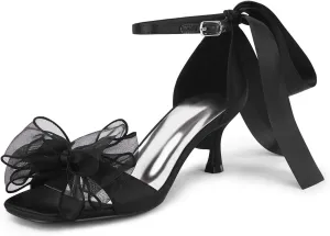 Coutgo Womens Bow Kitten Heels Sandals Square Open Toe Ankle Strap Satin Ribbon Wedding Dress Shoes