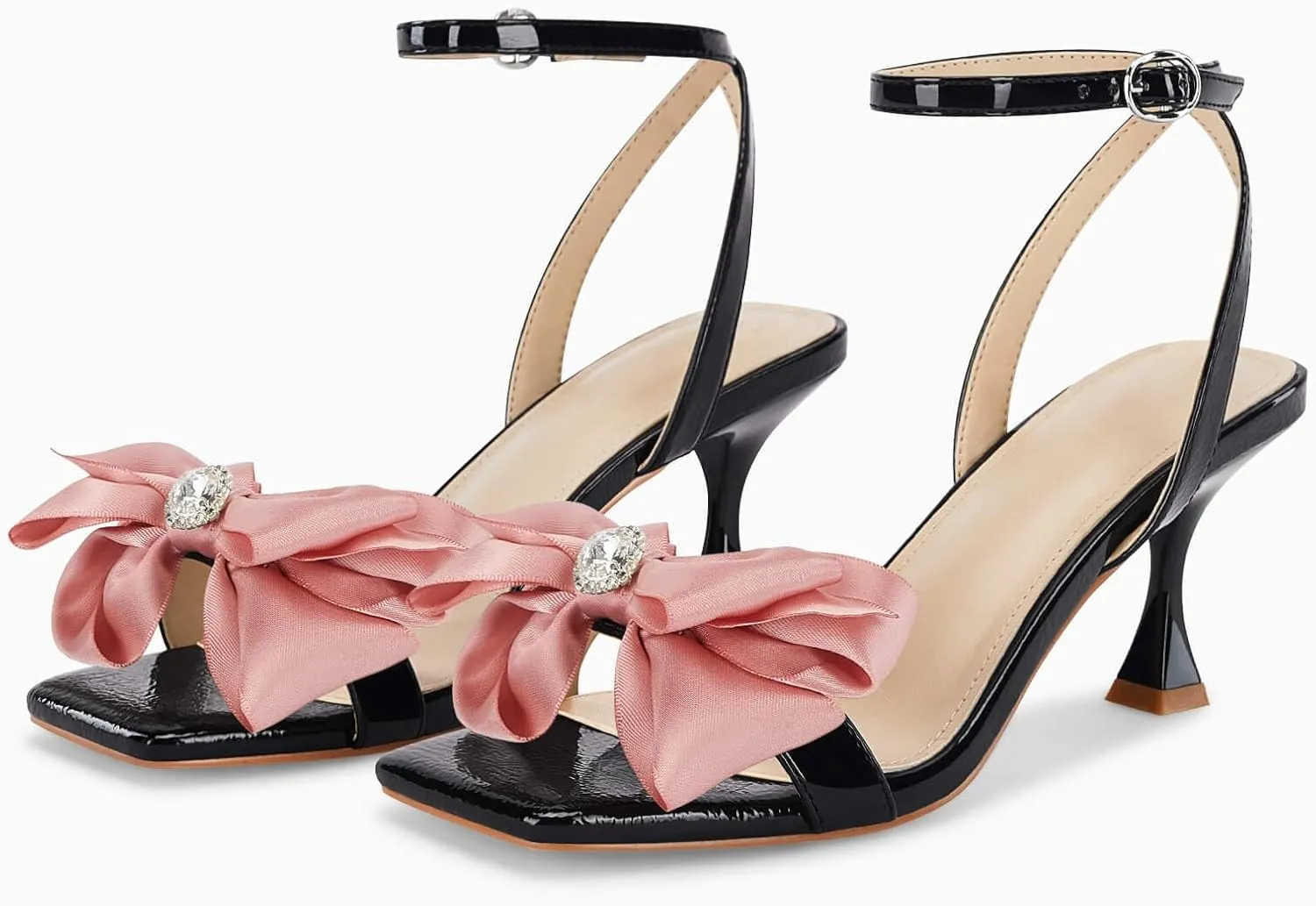 Coutgo Women's Bow Knot Heeled Sandals Rhinestone Kitten Heels Open Toe Ankle Strap Dress Pump Shoes