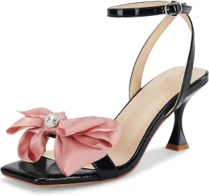 Coutgo Women's Bow Knot Heeled Sandals Rhinestone Kitten Heels Open Toe Ankle Strap Dress Pump Shoes