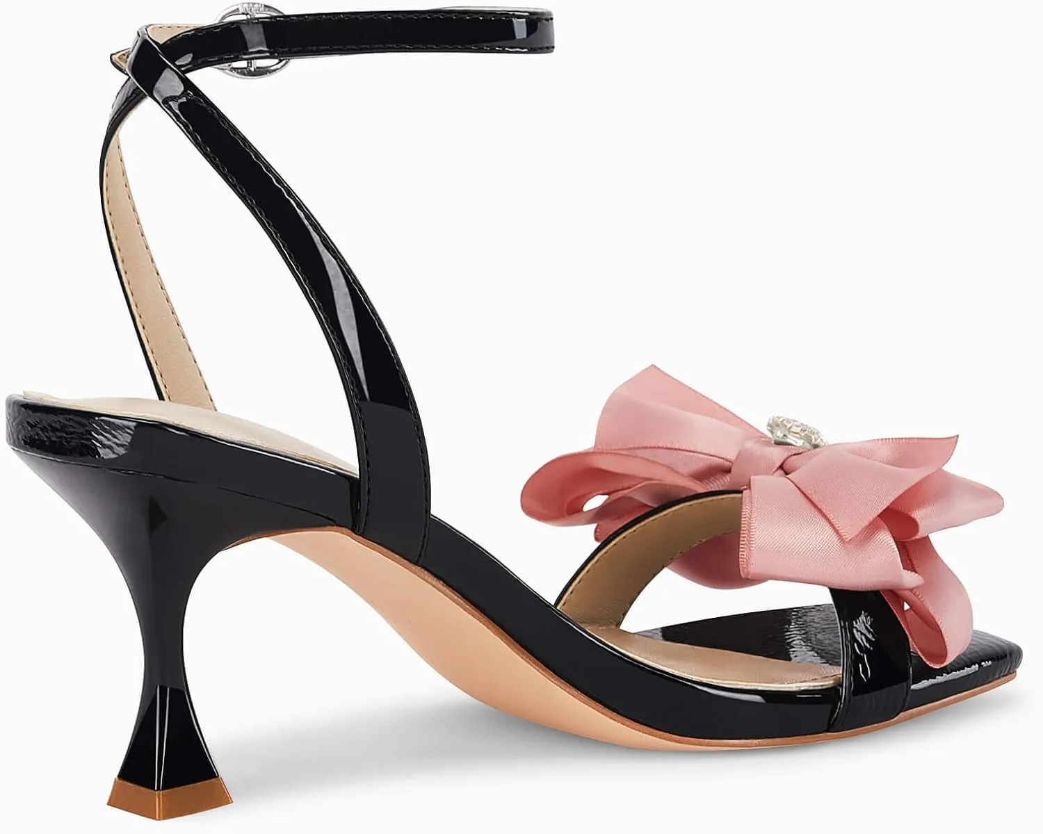 Coutgo Women's Bow Knot Heeled Sandals Rhinestone Kitten Heels Open Toe Ankle Strap Dress Pump Shoes