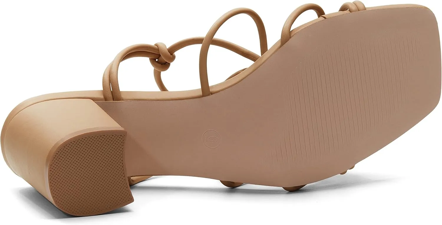 Coutgo Women's Chunky Heel Sandals Lace Up Heels Square Toe Strappy Straps Party Shoes