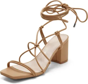 Coutgo Women's Chunky Heel Sandals Lace Up Heels Square Toe Strappy Straps Party Shoes