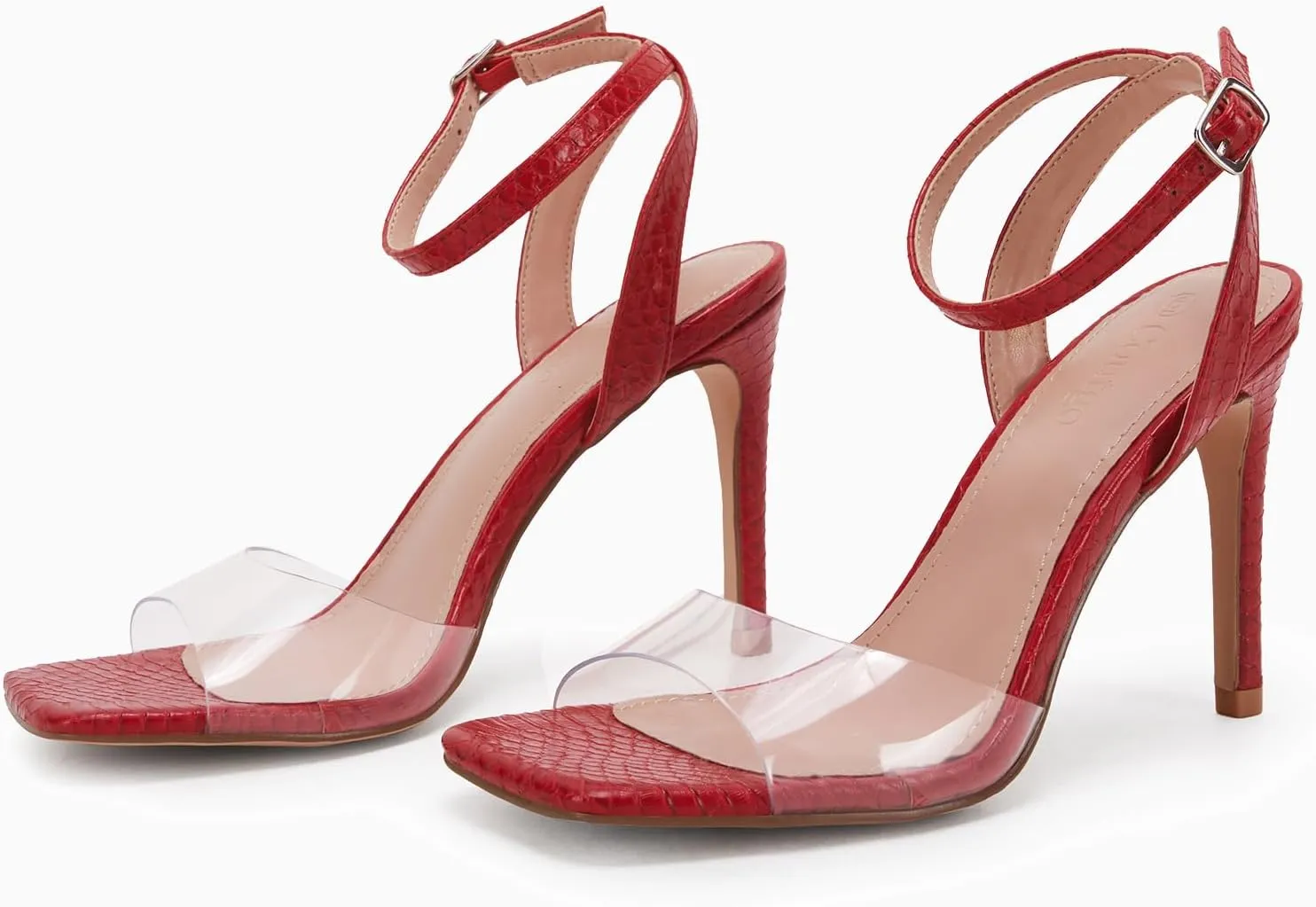 Coutgo Womens Clear Heels Sandals Square Toe Ankle Strap Sexy High Heeled Stiletto Dress Shoes
