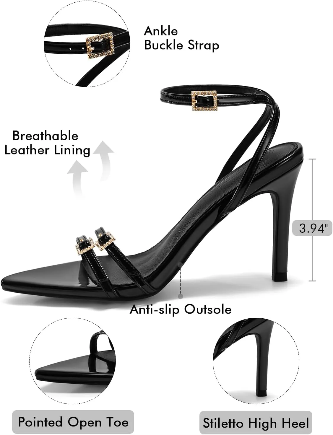 Coutgo Womens High Heeled Sandals Pointed Open Toe Ankle Buckle Strap Stiletto Heels Dress Party Shoes