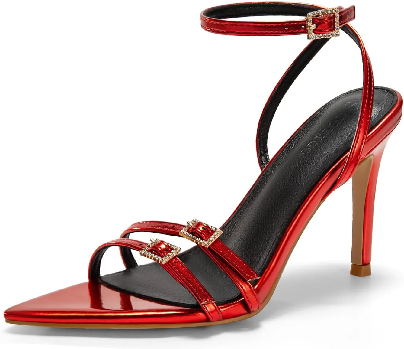 Coutgo Womens High Heeled Sandals Pointed Open Toe Ankle Buckle Strap Stiletto Heels Dress Party Shoes