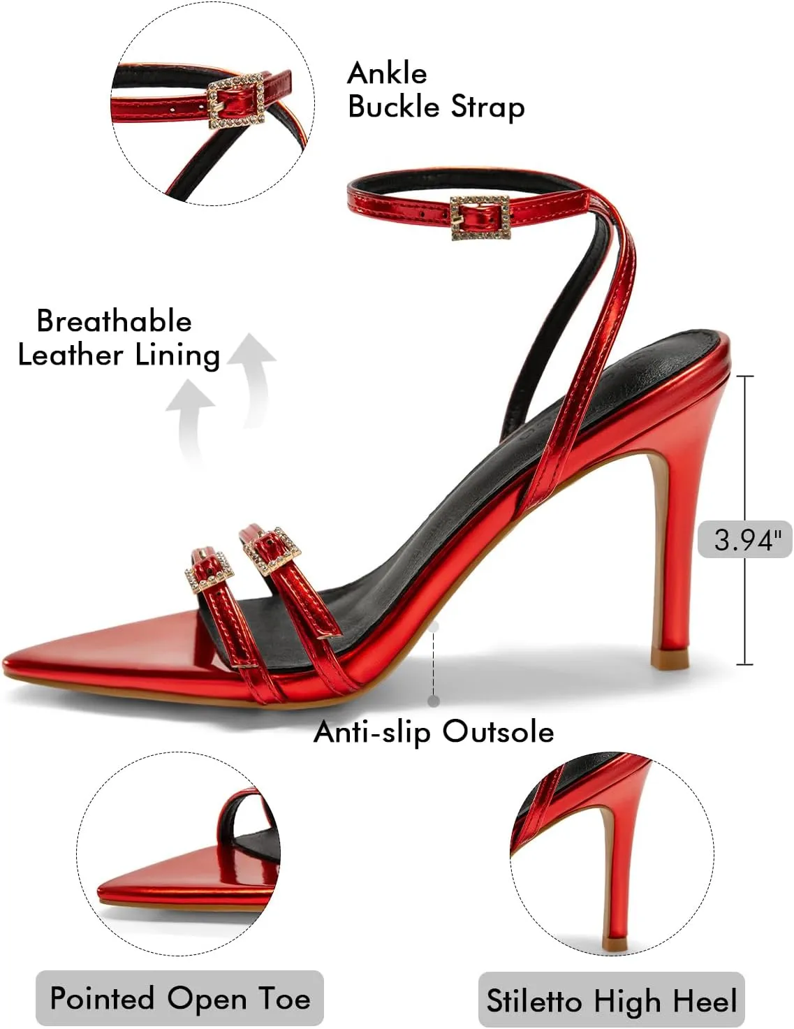 Coutgo Womens High Heeled Sandals Pointed Open Toe Ankle Buckle Strap Stiletto Heels Dress Party Shoes