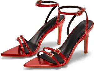 Coutgo Womens High Heeled Sandals Pointed Open Toe Ankle Buckle Strap Stiletto Heels Dress Party Shoes