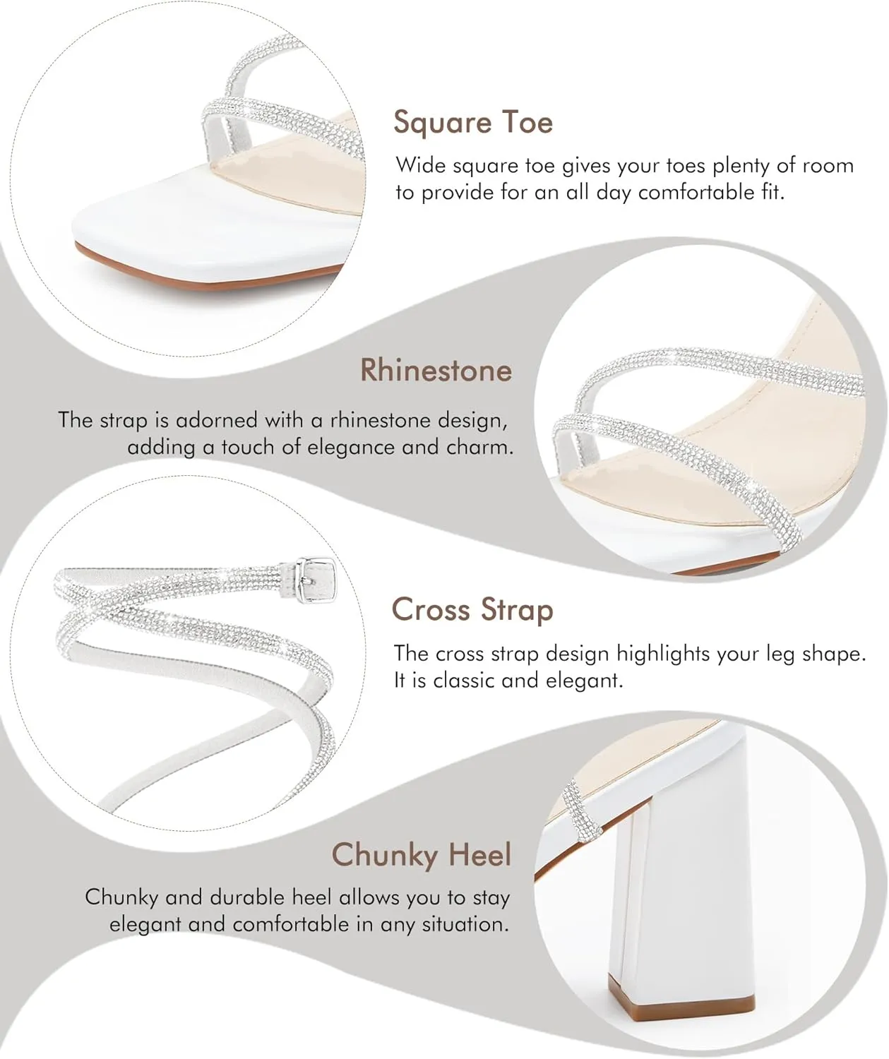 Coutgo Womens Lace Up Chunky Heels Rhinestone Sandals Square Open Toe High Block Heeled Wedding Dress Shoes