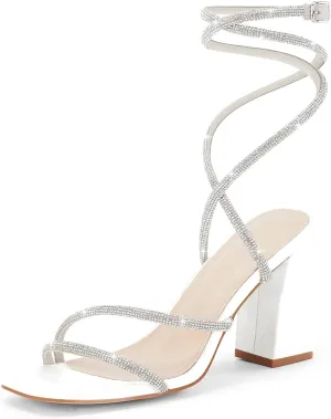 Coutgo Womens Lace Up Chunky Heels Rhinestone Sandals Square Open Toe High Block Heeled Wedding Dress Shoes