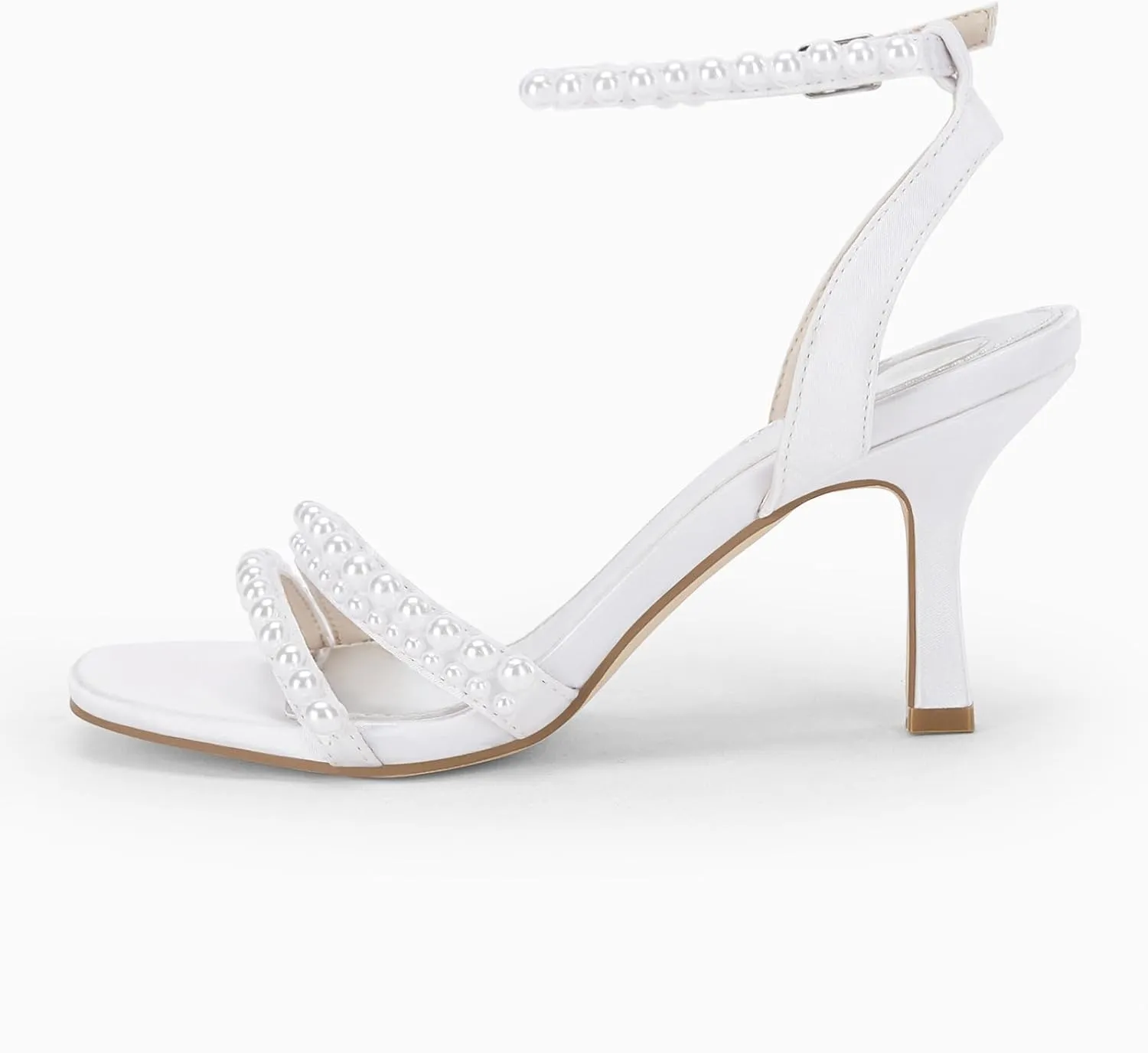 Coutgo Womens Pearl Kitten Heels Sandals Square Open Toe Dress Sandals Ankle Strap Satin Wedding Party Summer Sandals