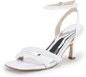 Coutgo Womens Pearl Kitten Heels Sandals Square Open Toe Dress Sandals Ankle Strap Satin Wedding Party Summer Sandals