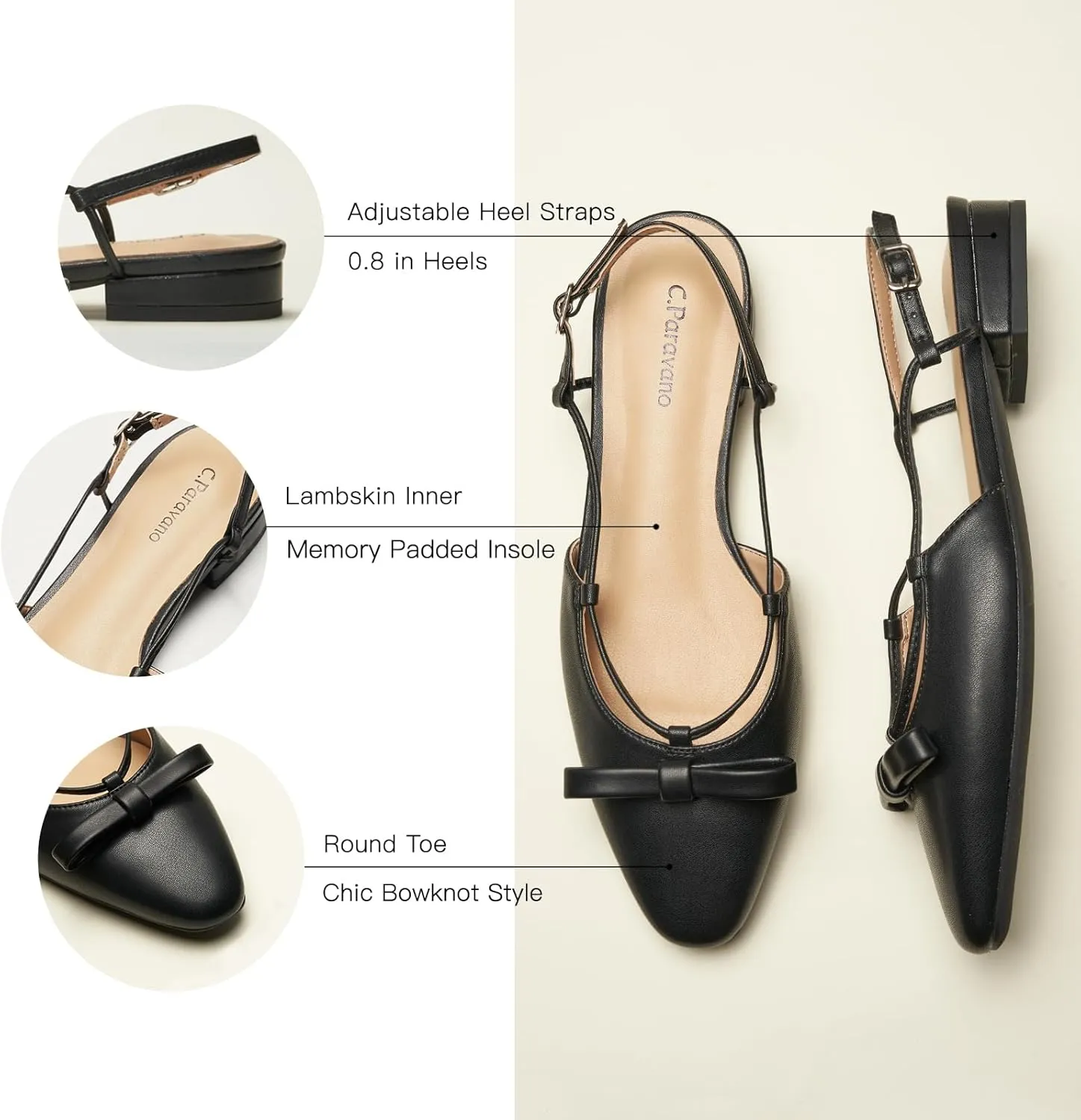 C.Paravano Women's Slingback Flats, Stylish Almond Toe Sandals, Comfortable Flats with Adjustable Strap, Dressy, Office Wear, Daily Use