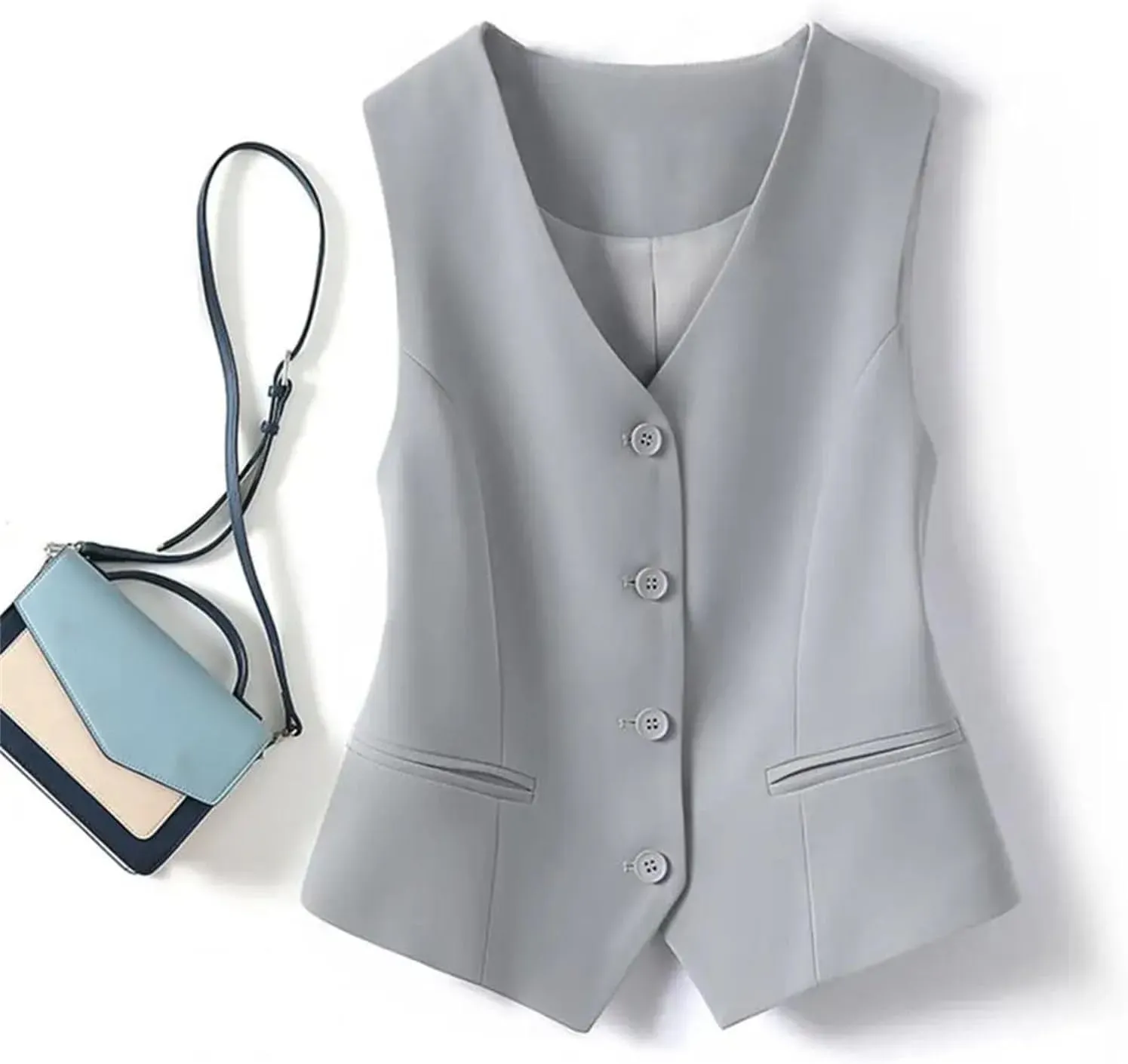 Cropped Suit Vest for Women Vintage Front Button Sleeveless Blazer Coats Waistcoat with Welt Pockets