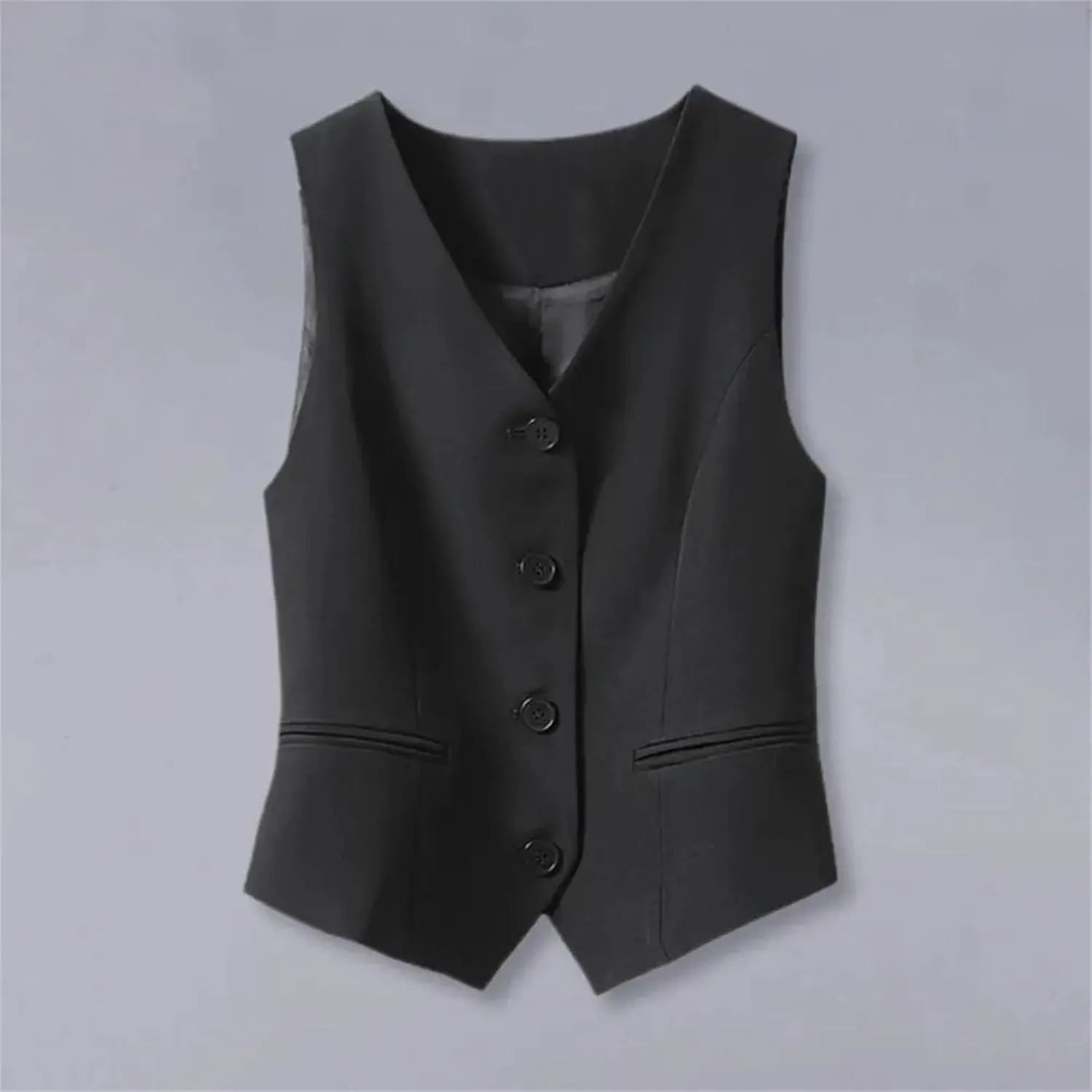 Cropped Suit Vest for Women Vintage Front Button Sleeveless Blazer Coats Waistcoat with Welt Pockets