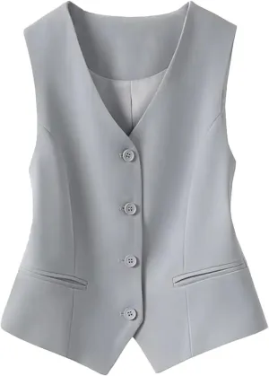 Cropped Suit Vest for Women Vintage Front Button Sleeveless Blazer Coats Waistcoat with Welt Pockets