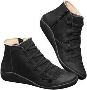 Crzidha Boots for Women 2023 Trendy Side Zipper Lace Up Flat Ankle Boots Arch Support Orthopedic Booties for Plantar Fasciitis Comfy Wide Width Round Toe Lace Up Side Zipper Boots
