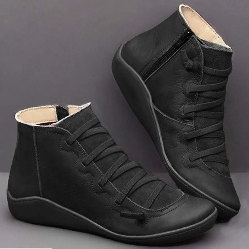 Crzidha Boots for Women 2023 Trendy Side Zipper Lace Up Flat Ankle Boots Arch Support Orthopedic Booties for Plantar Fasciitis Comfy Wide Width Round Toe Lace Up Side Zipper Boots