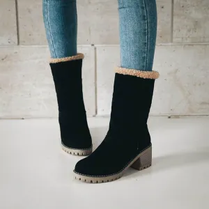 Crzidha Fleece Lined Mid Calf Boots, Winter Snow Ankle Boots for Women, Chunky Block Heels, Comfortable Slip On, Warm Suede Winter Outdoor Shoes
