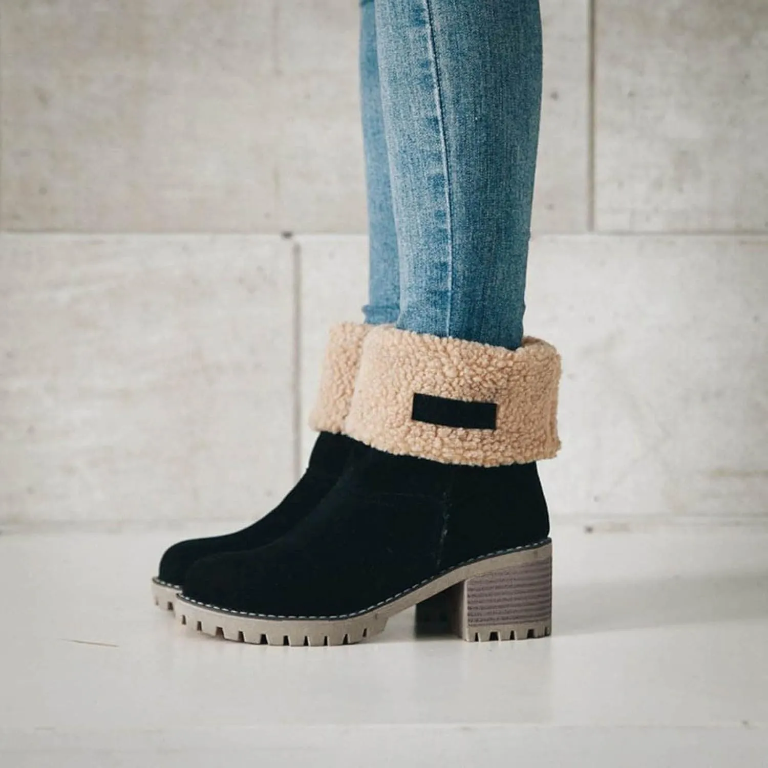 Crzidha Fleece Lined Mid Calf Boots, Winter Snow Ankle Boots for Women, Chunky Block Heels, Comfortable Slip On, Warm Suede Winter Outdoor Shoes
