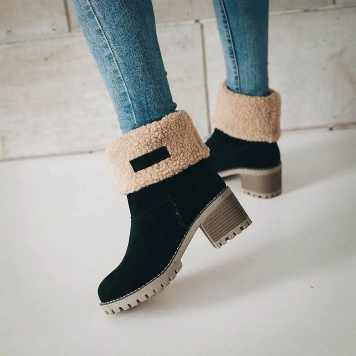 Crzidha Fleece Lined Mid Calf Boots, Winter Snow Ankle Boots for Women, Chunky Block Heels, Comfortable Slip On, Warm Suede Winter Outdoor Shoes