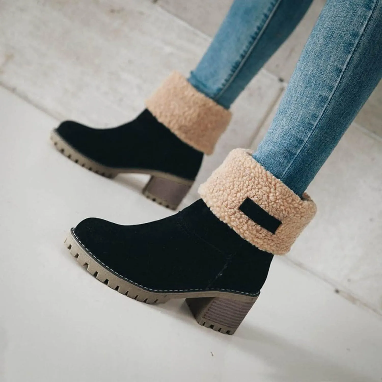 Crzidha Fleece Lined Mid Calf Boots, Winter Snow Ankle Boots for Women, Chunky Block Heels, Comfortable Slip On, Warm Suede Winter Outdoor Shoes