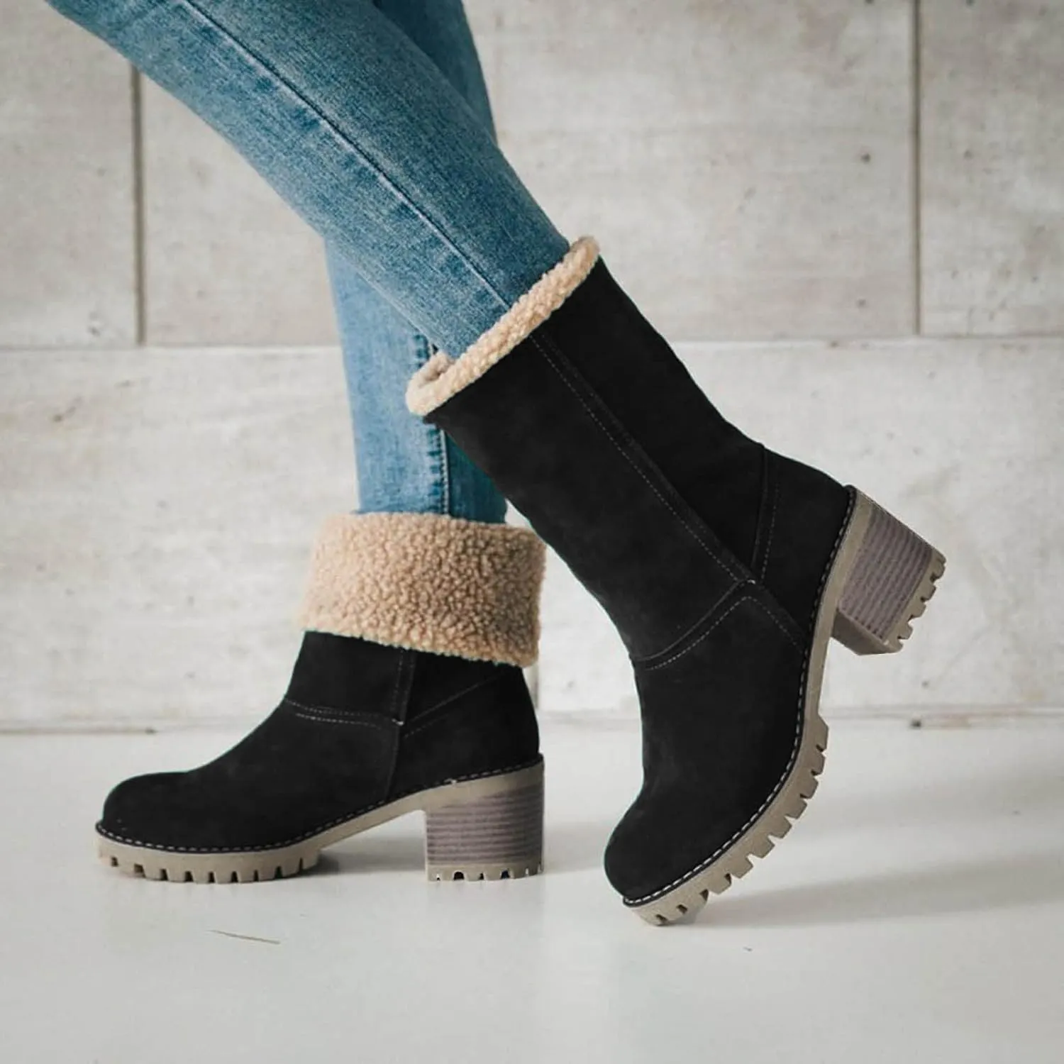 Crzidha Fleece Lined Mid Calf Boots, Winter Snow Ankle Boots for Women, Chunky Block Heels, Comfortable Slip On, Warm Suede Winter Outdoor Shoes