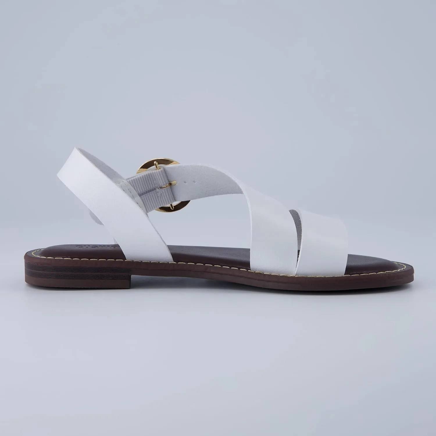 CUSHIONAIRE Lisbon Strappy Flat Sandals for Women 2025 with Adjustable Ankle Strap and Stylish Bold Buckle Accent Dressy Sandals