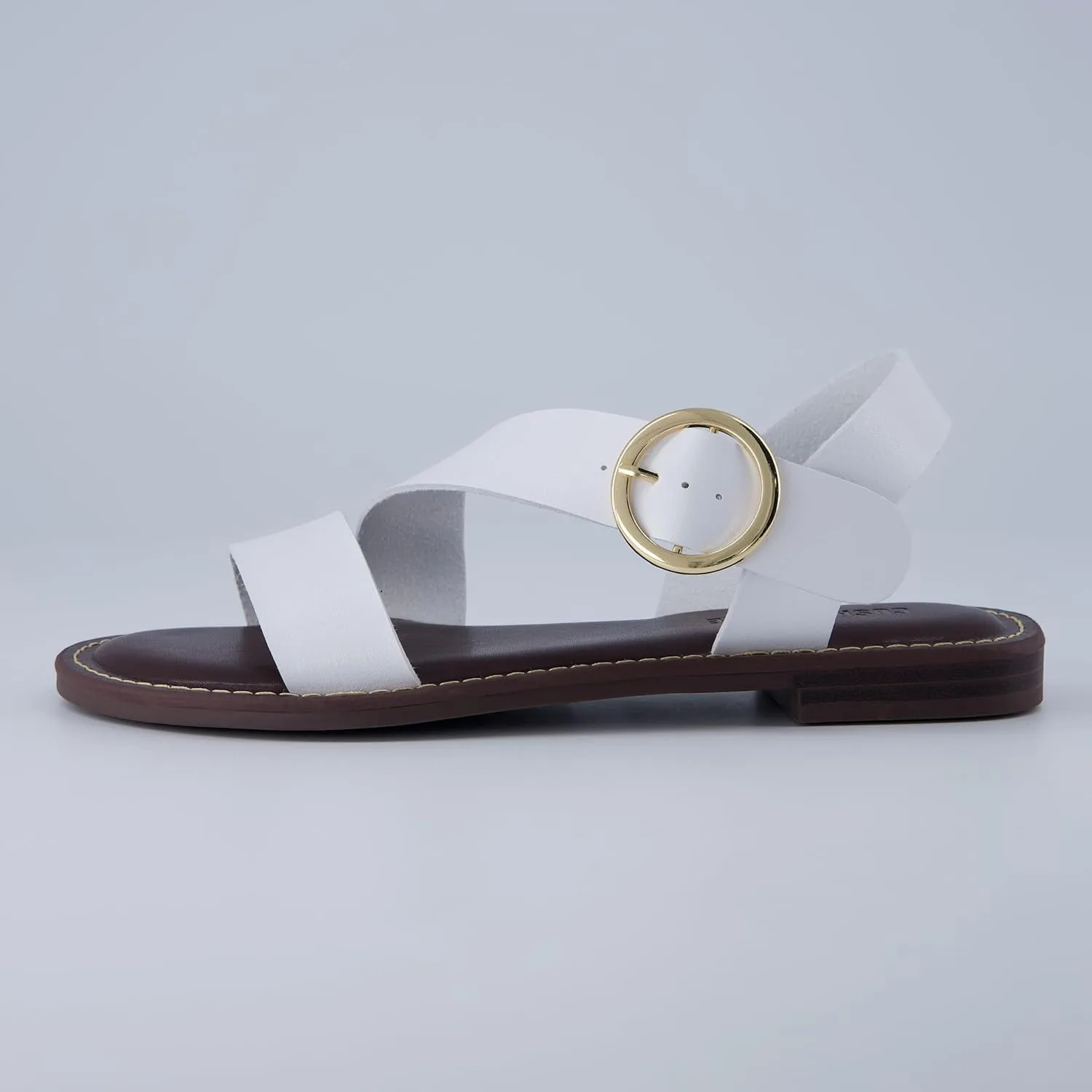CUSHIONAIRE Lisbon Strappy Flat Sandals for Women 2025 with Adjustable Ankle Strap and Stylish Bold Buckle Accent Dressy Sandals