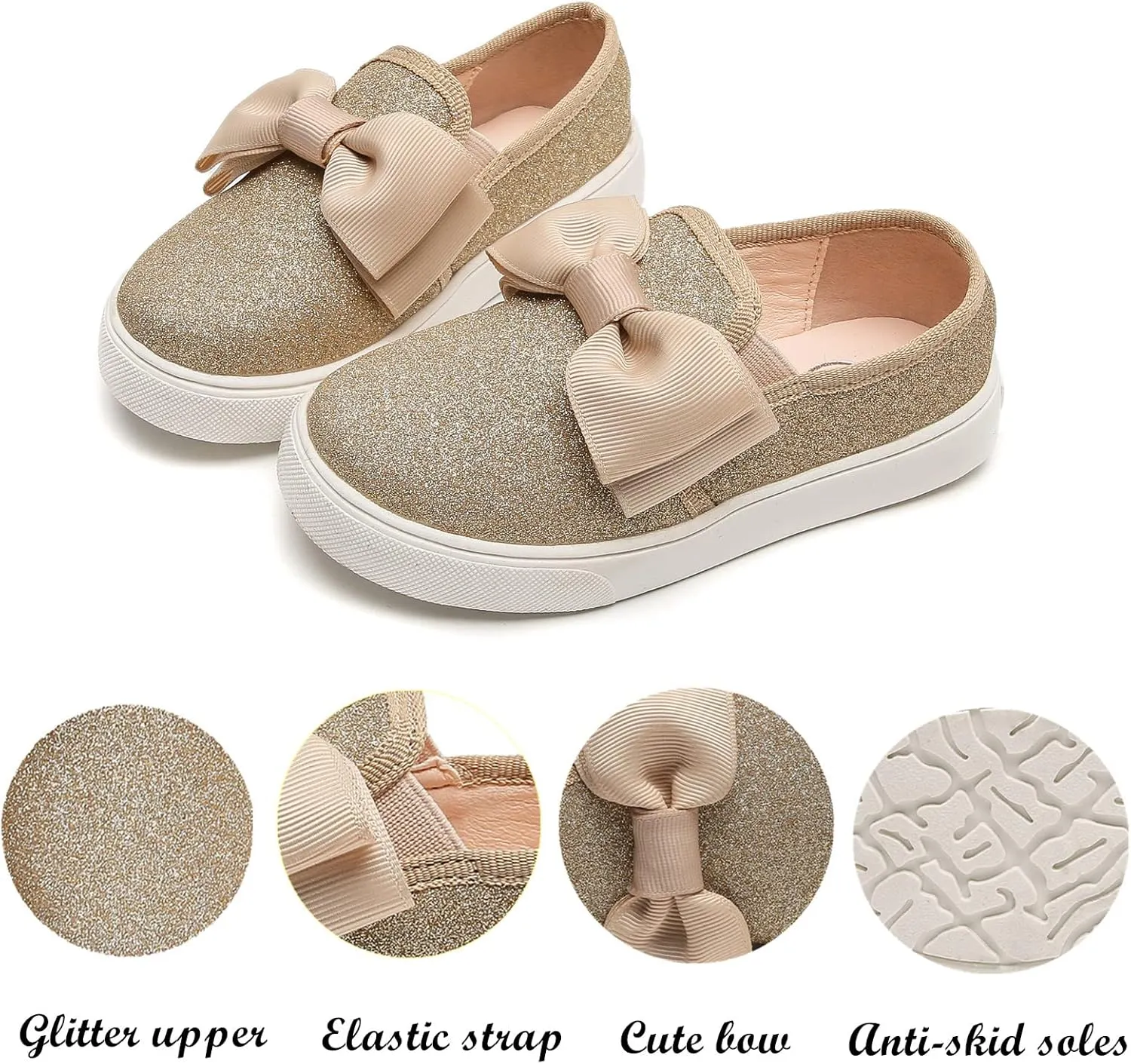 DADAWEN Girls Slip On Glitter Sneakers Cute Bow Lazy Tennis Shoes Loafers for Little Girls(Toddler/Little Kid/Big Kid)