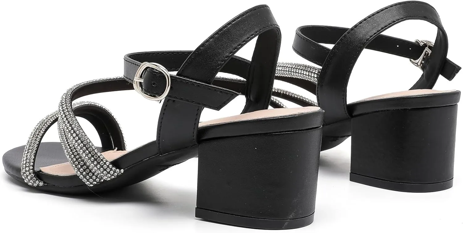 DADAWEN Women's Strappy Open Toe Rhinestone Low Block Chunky Heels Sandals Ankle Buckle Heeled Sandals Wedding Party Dress Pumps Shoes