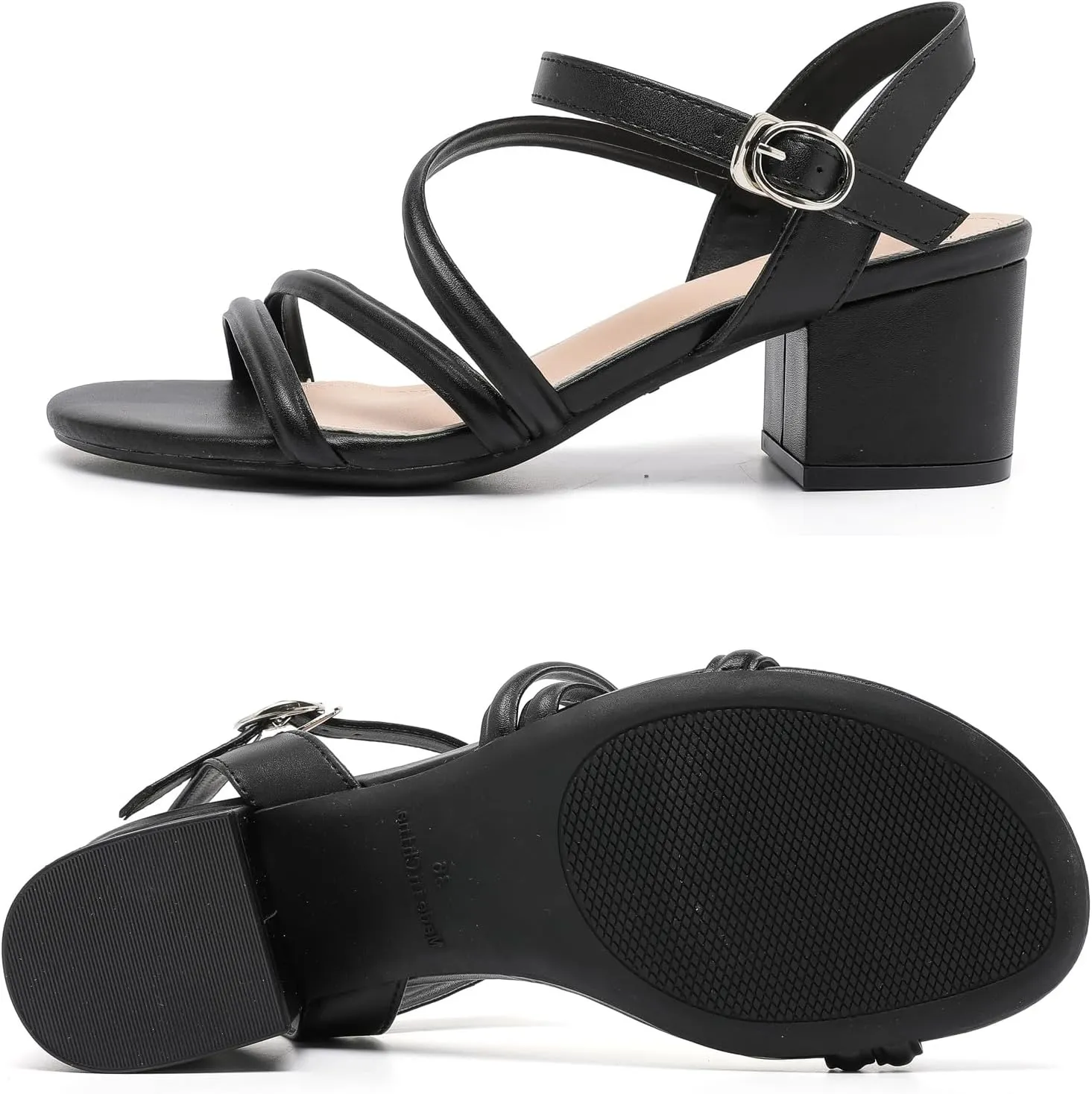 DADAWEN Women's Strappy Open Toe Rhinestone Low Block Chunky Heels Sandals Ankle Buckle Heeled Sandals Wedding Party Dress Pumps Shoes